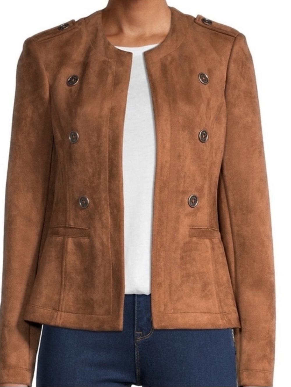Tommy Hilfiger Brown Faux Suede Open Front Blazer Size 10 Pre-Owned